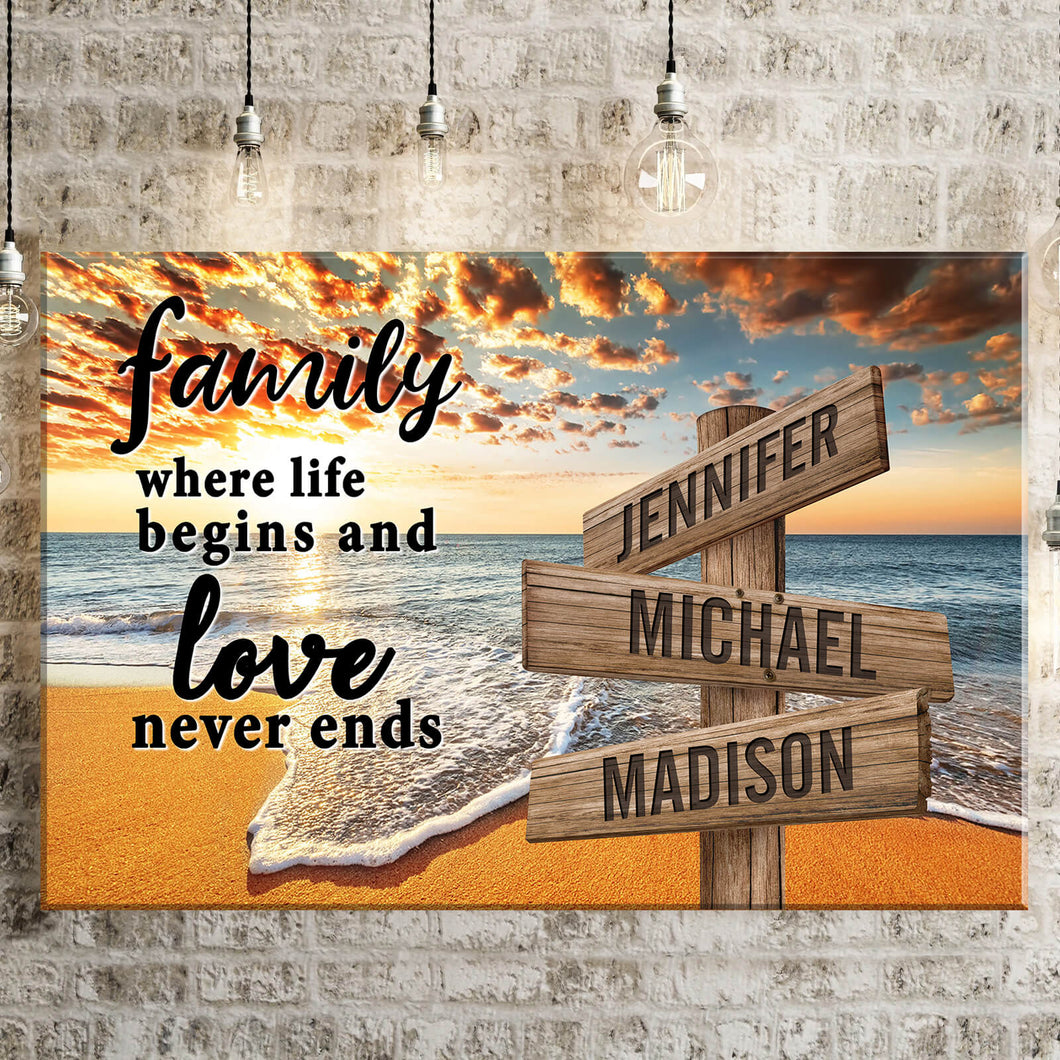 Ocean Sunset Color  Where Life Begins And Love Never Ends Multi-Names Premium Canvas Poster