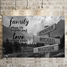 Load image into Gallery viewer, Mountain Range  Where Life Begins And Love Never Ends Multi-Names Premium Canvas Poster
