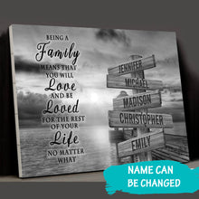 Load image into Gallery viewer, Coast Sunset &quot;Being A Family Means You Will Love And Be Loved&quot; Multi-Names Premium Canvas Poster
