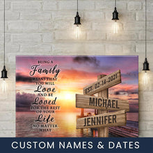 Load image into Gallery viewer, Coast Sunset Color &quot;Being A Family Means You Will Love And Be Loved&quot; Multi-Names Premium Canvas
