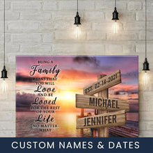 Load image into Gallery viewer, Coast Sunset Color &quot;Being A Family Means You Will Love And Be Loved&quot; Multi-Names Premium Canvas Poster
