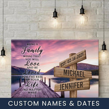 Load image into Gallery viewer, River Pier Color &quot;Being A Family Means You Will Love And Be Loved&quot; Multi-Names Premium Canvas
